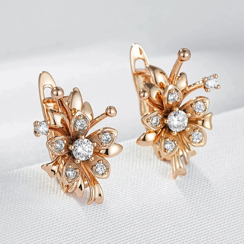 Wbmqda Flower Shape Drop Earrings For Women 585 Rose Gold Color With White Natural Zircon Fashion Daily Jewelry