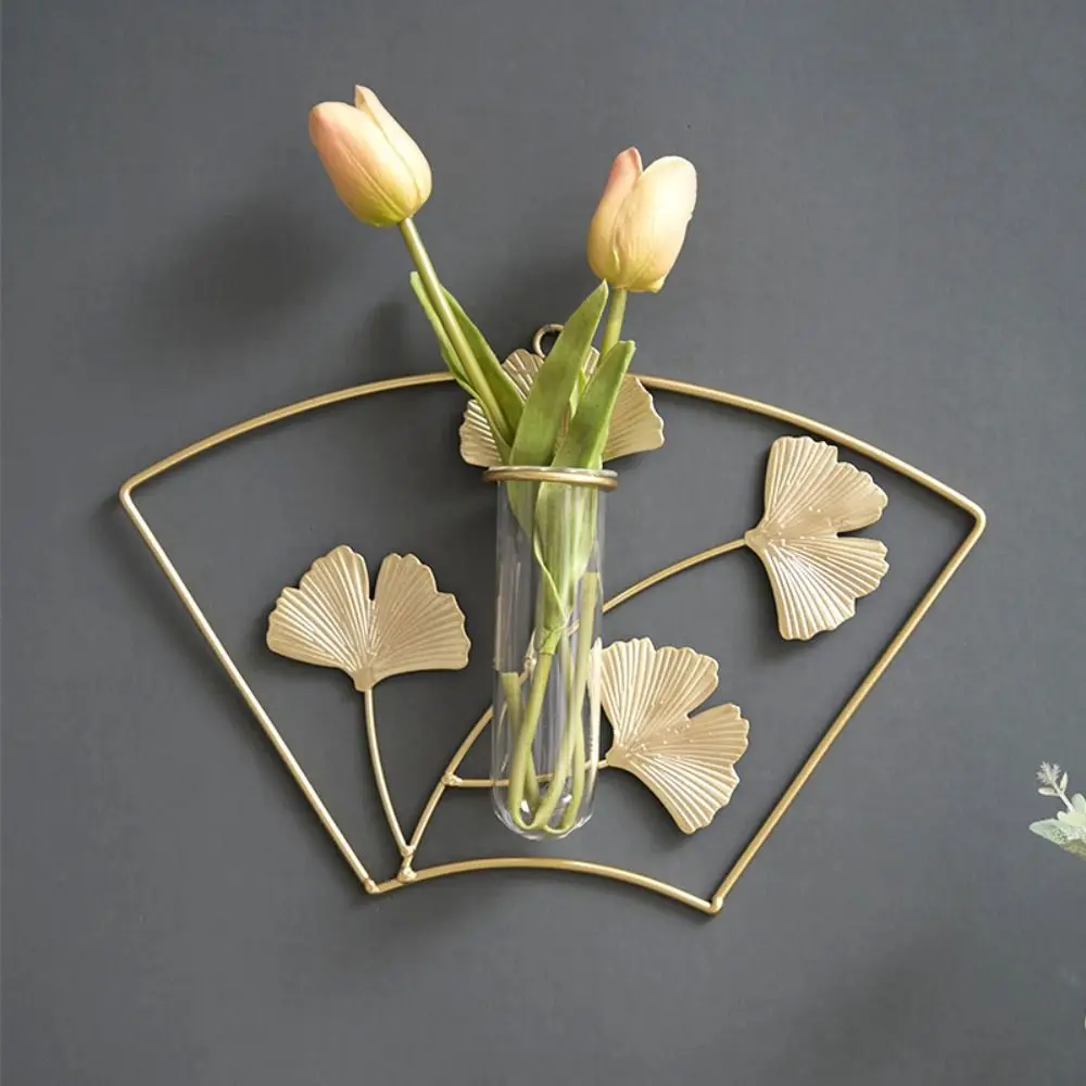 Flower Storage Rack Iron Ginkgo Wall Hanging Vase Hydroponic Containe Wall Ornaments Hydroponic Vase Test Tube Hanging Planter