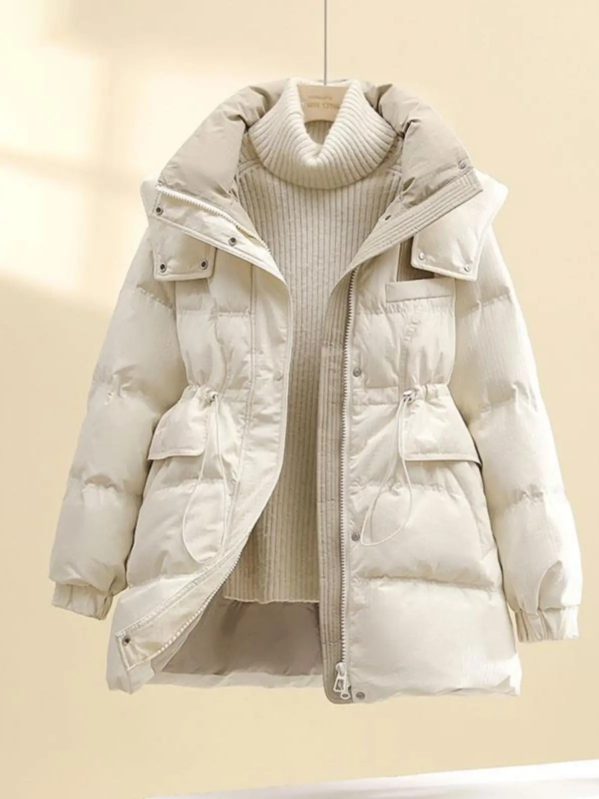 

Стильная уникальная женская пуховая куртка из хлопка 2026 года, новая модель с капюшоном, приталенная, в корейском стиле, на молнии, с длинными рукавами
