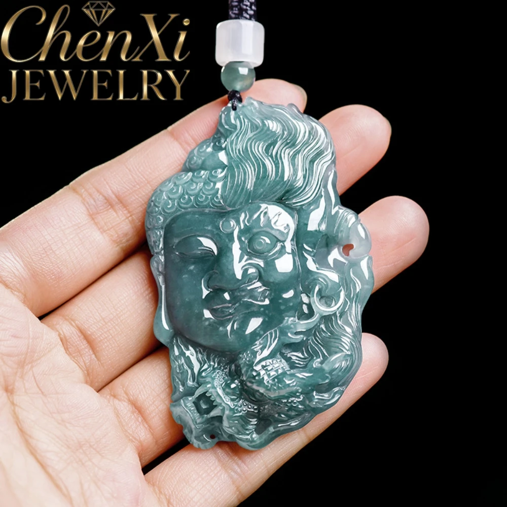 A-Grade Natural Blue Water Jadeite Buddha Devil Face Pendant Hand Carved Necklace Charm Fashion Daily Wear Jewelry Unisex Gift