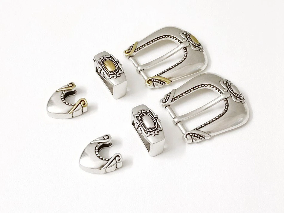 American Western cowboy-style three-piece belt buckle set, inner diameter 25mm, antique silver color with gold accents