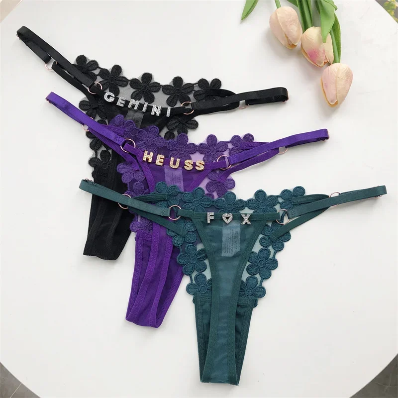 Customized Letter Sexy Women mesh three-dimensional flowers Low Waist Underwear Bikini G-Strings Adjustable Waist Underwear Gift