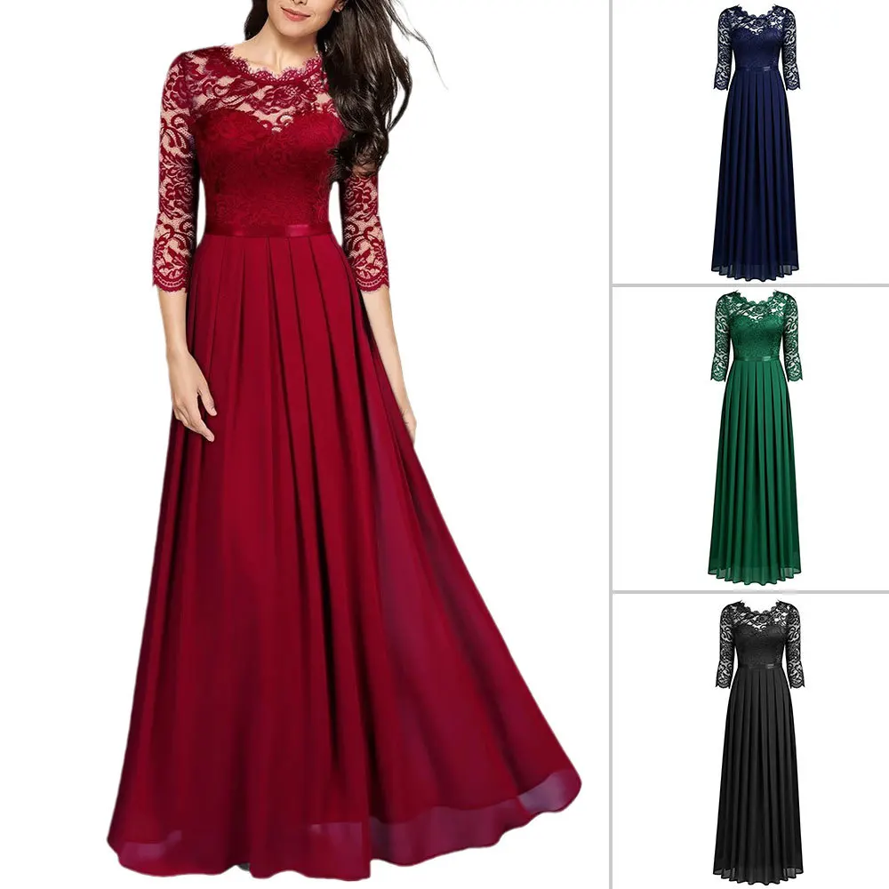 SUSOLA Chiffon Stitching Lace Women's Dresses Lady New Summer Trend Round Neck Elegant Temperament Hollow Women's Long Dresses