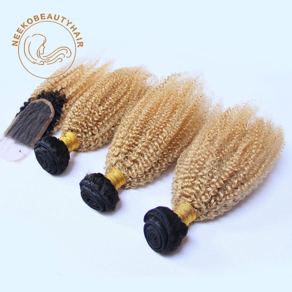 

Афро-кудрявый вьющийся омбре 1B 27 Медовый блондин Пучки человеческих волос с застежкой Remy Blonde Ombre Наращивание волос с темными корнями