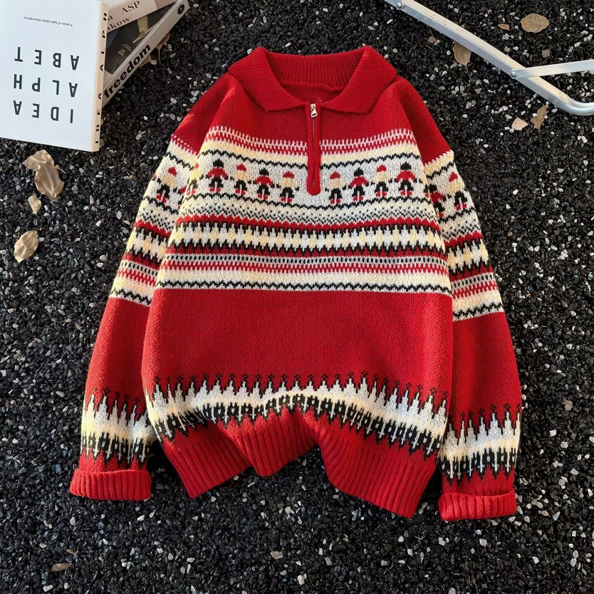 

Retro American Striped Loose Fit High Collar Sweater Men's Autumn Winter Cisas Couple Knittedwear Polyester Fiber