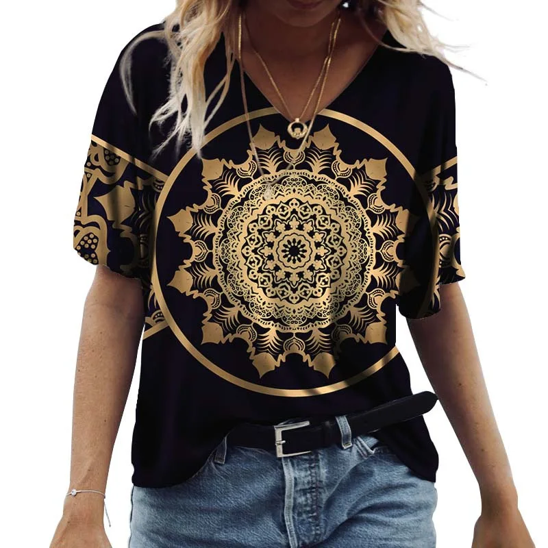 2024 Summer 5XL Women\'s T-Shirt Vintage Casual Black Fashion V Neck Pullover Short Sleeve Printed Loose Daily Tops Design Clothe