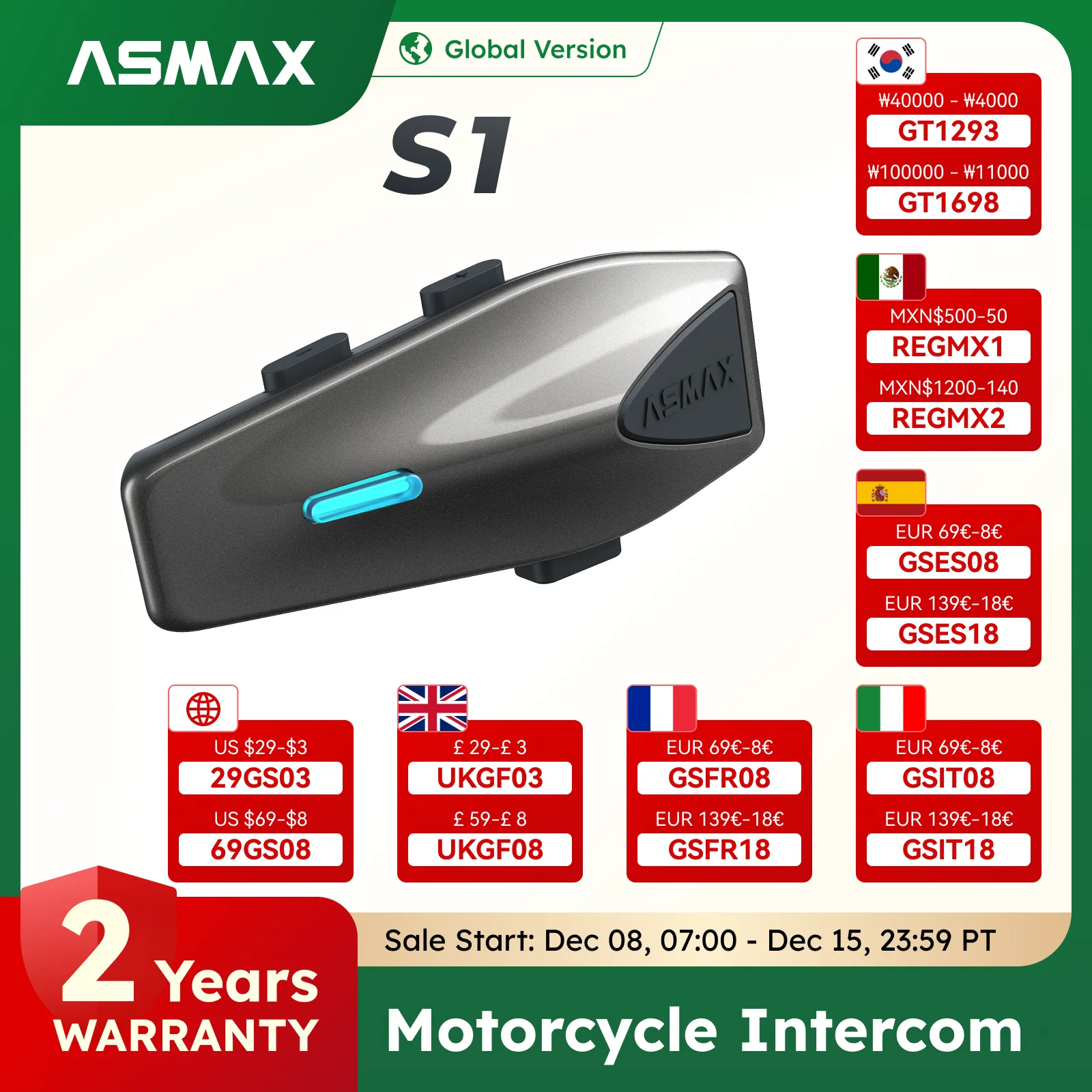 ASMAX S1 Interfono moto Bluetooth BT 5.4 Casco Auricolare Bluetooth 8 ciclisti Intercomunicador Moto Controllo vocale Ai, FM