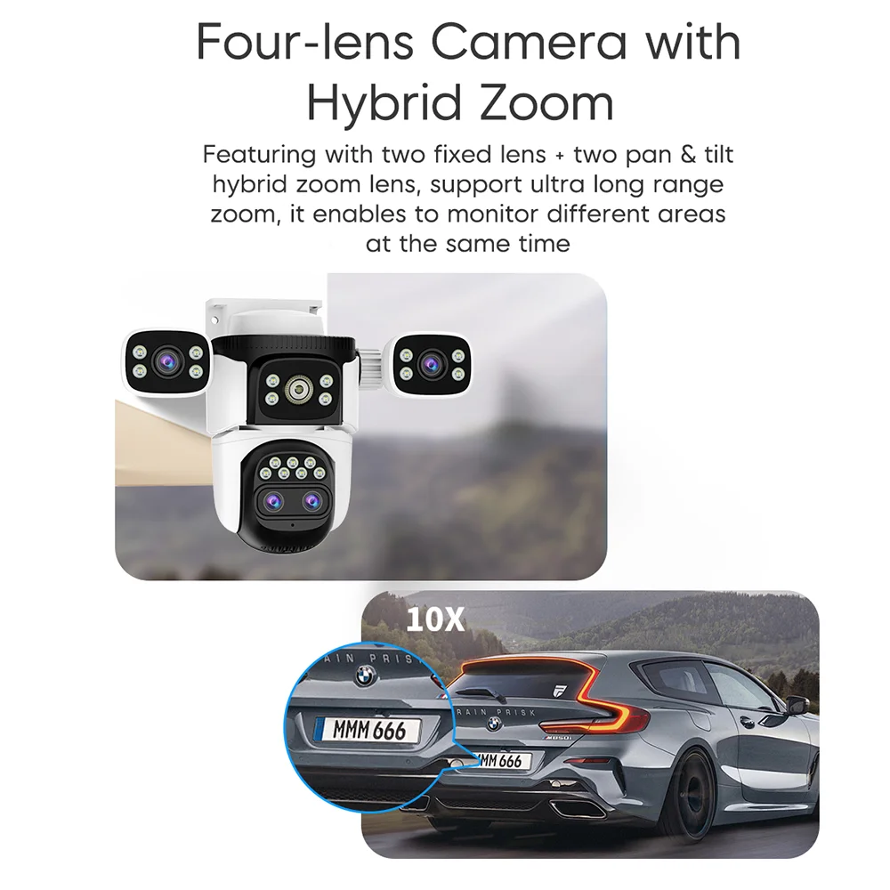 VSTARCAM 8MP 2K 4렌즈 보안 카메라 실외, 10배 줌, 인간 감지, 컬러 야간 투시경, 팬 및 틸트, 양방향 오디오