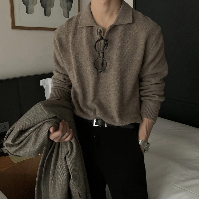 Fashion 2024 Button-up Knitted Polo Shirts Men Clothing Winter Solid Color Long Sleeve Sweater Casual Turn-down Collar Jumpers