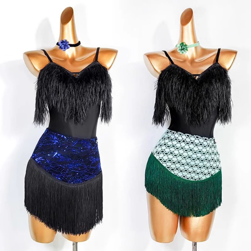 

Women Latin Dance Clothing Long Sleeve Crop Tops Black Feather Skirt ChaCha Competition Costume Samba Practice Wear VDB7836