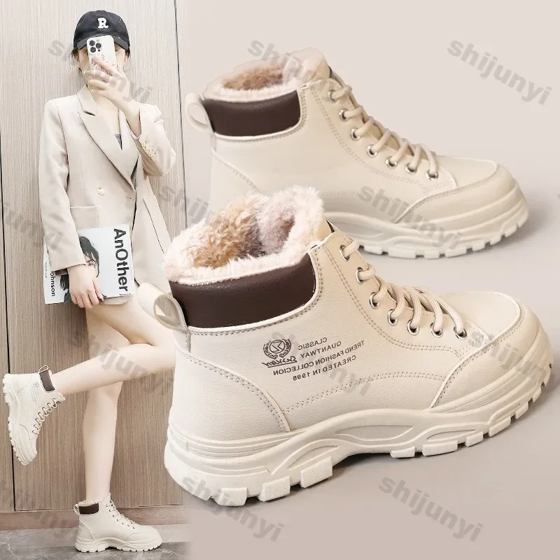 Winter Women's Boots Warm Plush High Top Cotton Shoes Platform Height Increase Korean 45 size Lace Up Comfort Outdoor Snow Boots