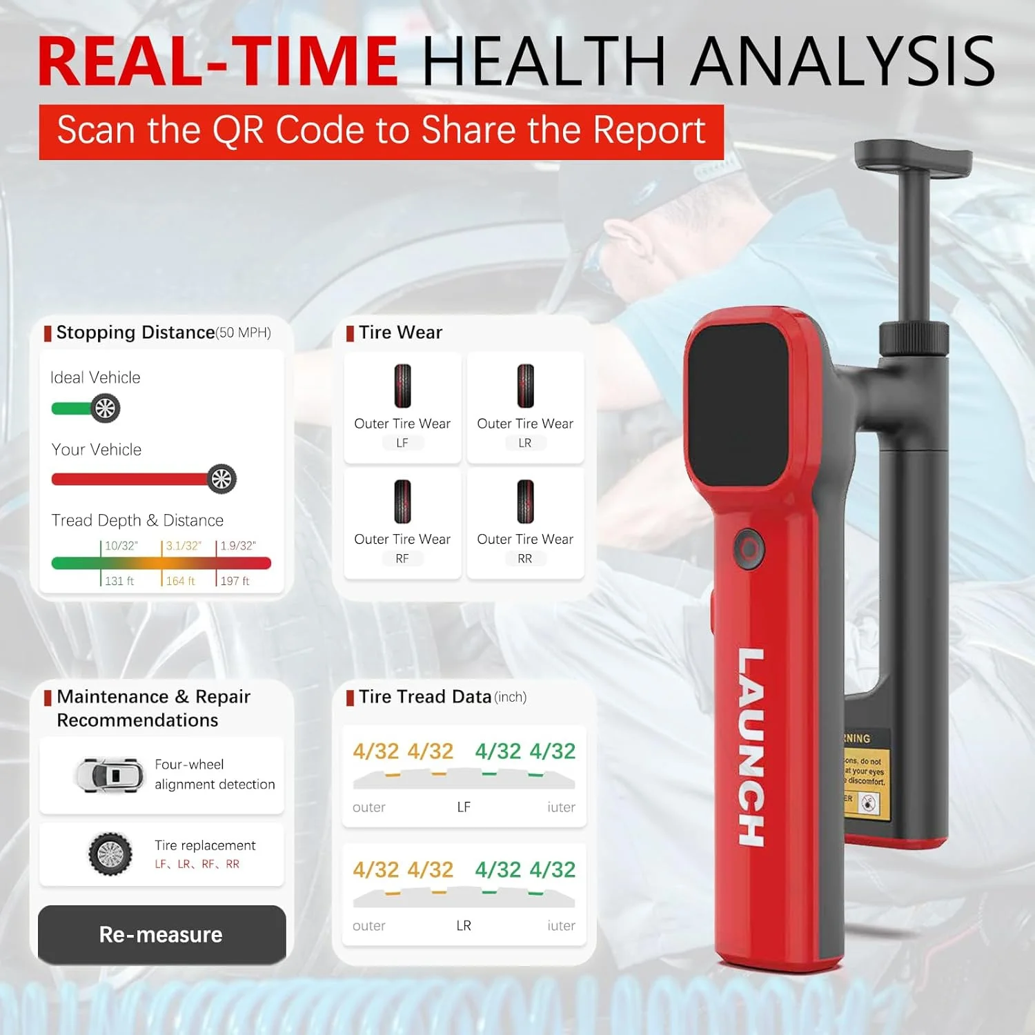 LAUNCH X-431 HTD180 Handheld Laser Tire Tread Depth Gauge High Accuracy Real-time Data Tire Health Scan Tool with Touch Screen