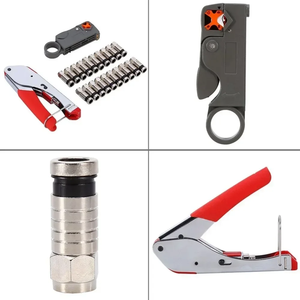 Electricity tool Set with Connectors Tool Rotary Stripper RG58/59/62 RG-6 Coaxial Cable Stripper Locking Compression Connector