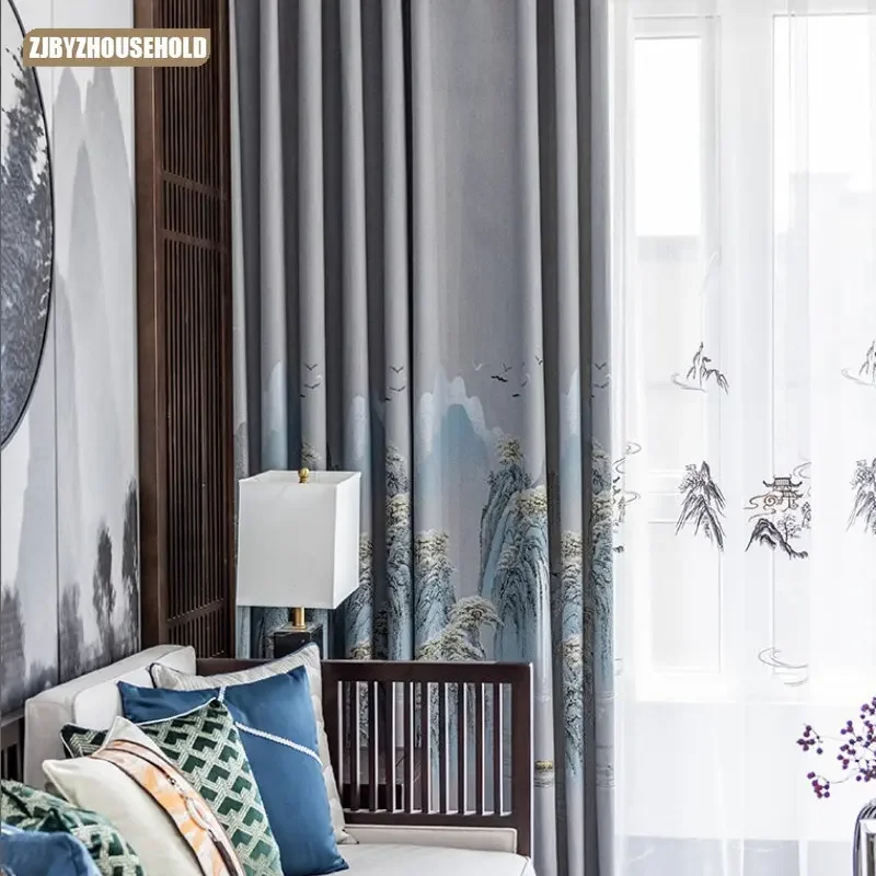 

New Chinese Style Curtains for Living Dining Room Bedroom Shading 2023 New Zen Landscape Painting Teahouse Study