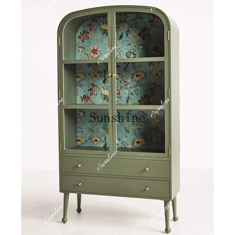 

American solid wood dining side rural retro wine cabinet glass display living room decoration exit