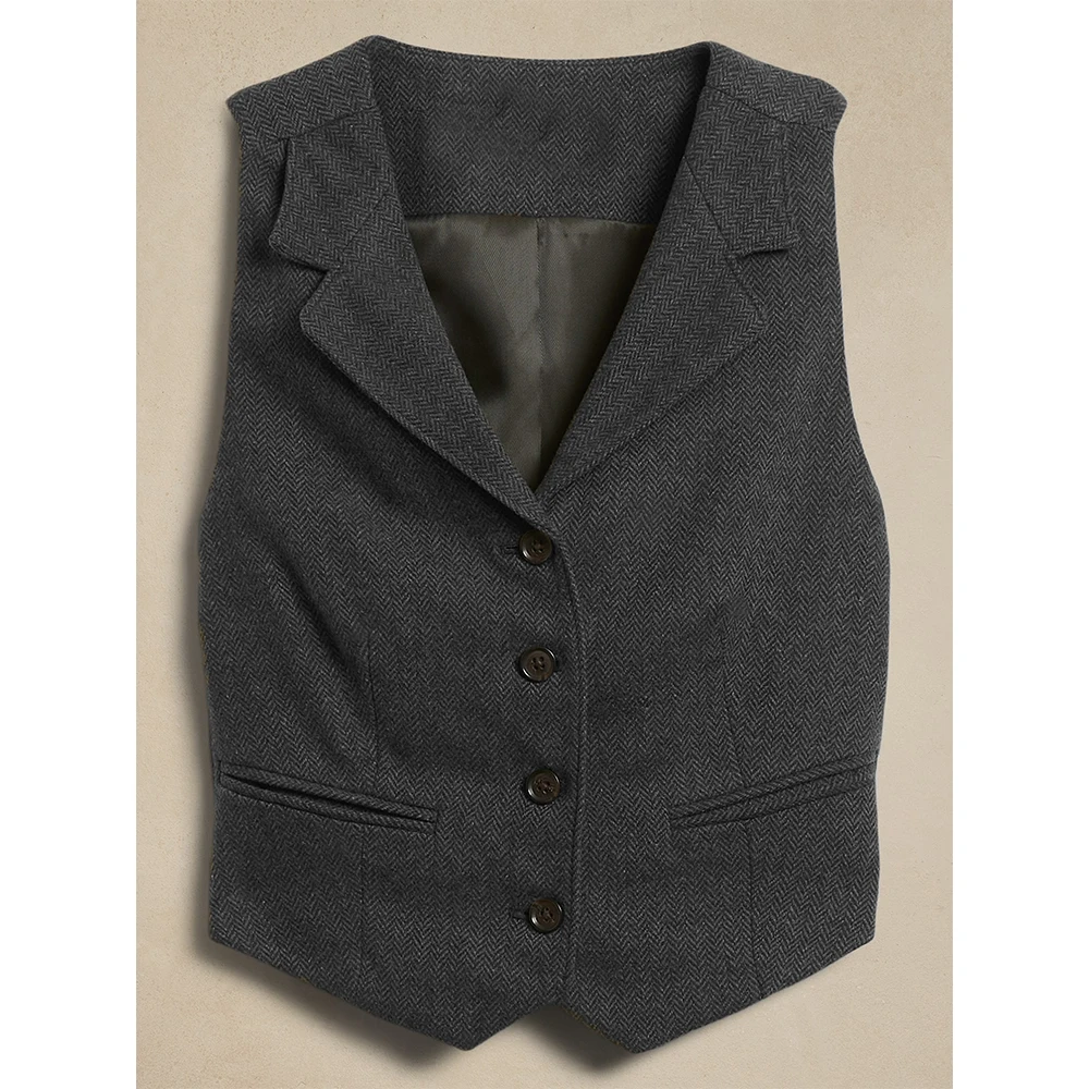 Chaleco de traje de espiga de Tweed para mujer, Top de los años 2000, cuello con muescas, 4 botones, chaquetas Retro, ropa