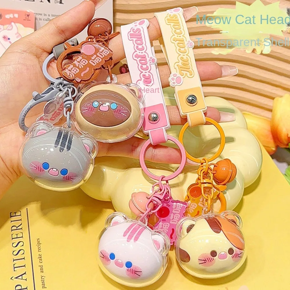 Portable Kawaii Cat Head Key Chain Acrylic Transparent Cat Keyring Creative Cute Cartoon Animal Pendant