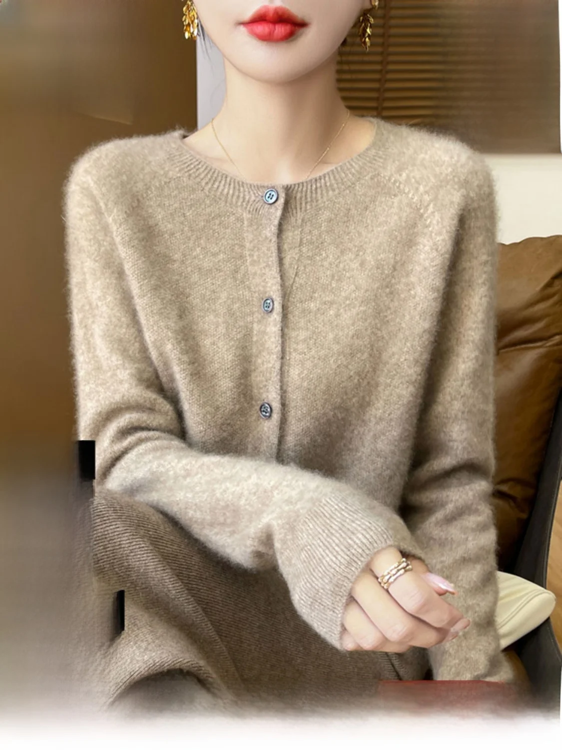 

Premium Soft Wool Knitted Cardigan Coat Women's Spring Autumn Loose ort round Ne Outerwear Comfortable Warmth Faion