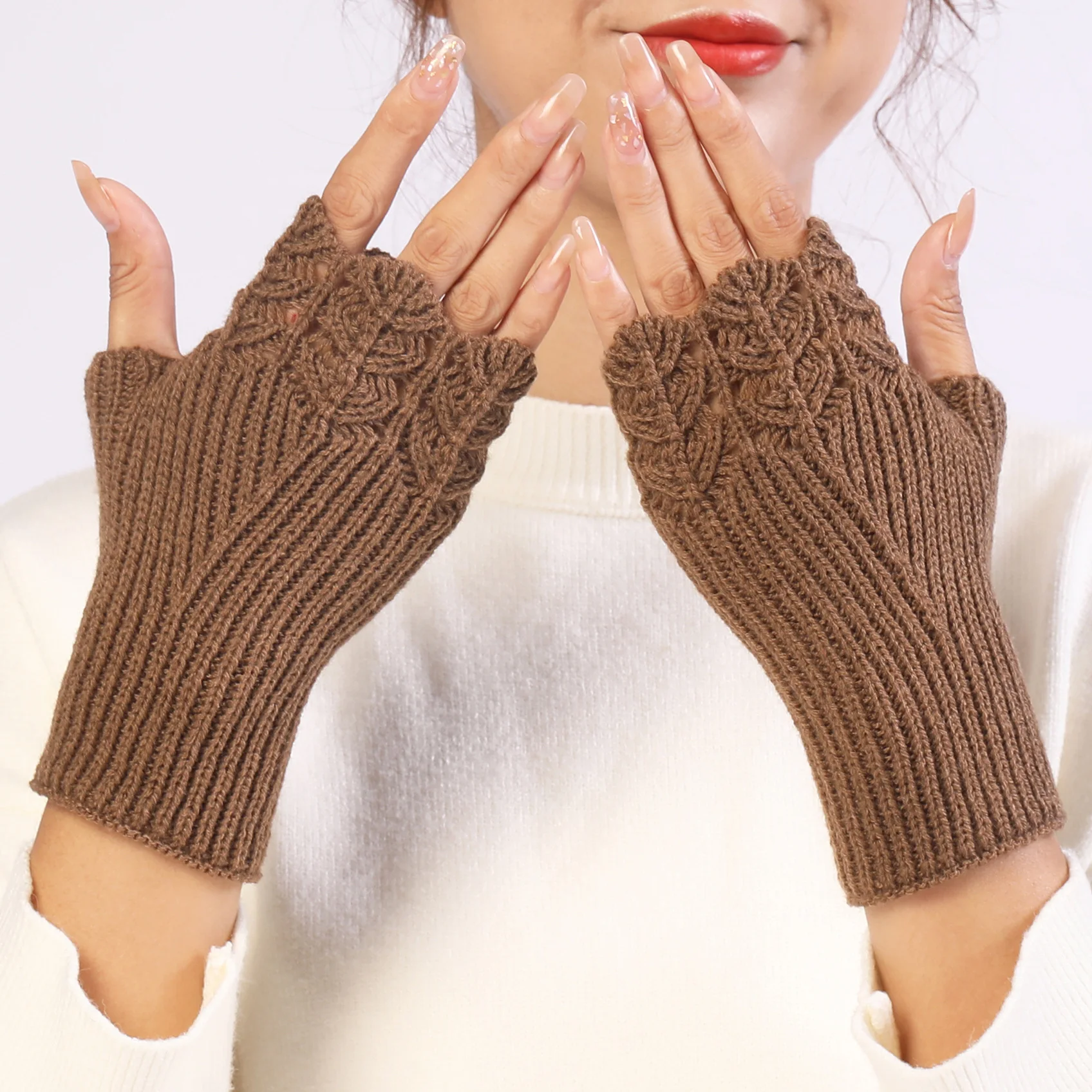 Women Fingerless Gloves Hollow‑out Cable Knit Wrist Warmers Student Writing Autumn Winter Solid Color Warm Typing Stretch Gloves