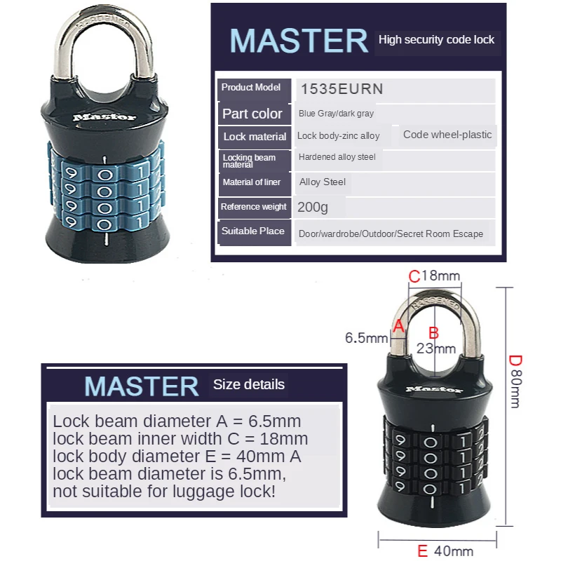 Master Lock 1535D Mini Combination Lock Password Combination Padlock Safety Travel Security Lock for Luggage Lock Padlock Gym