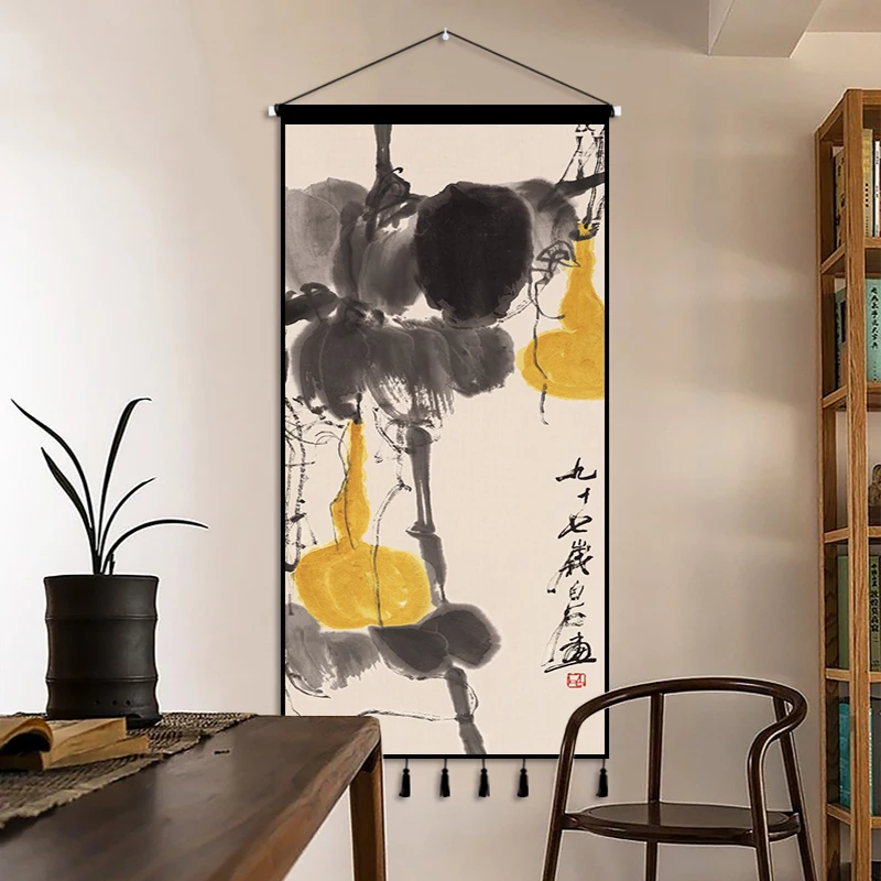 Qi Baishi Shrimp & Lotus Tapestry Wall Hanging- Ink Zen Aesthetic Room Decor for Living Room
