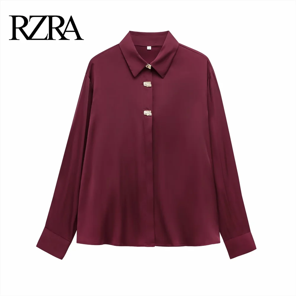 

2025 RZRA Spring New Women's Fashion Casual Solid Color Collar Gold Buckle Decoration Long Sleeve Loose Shirt Top