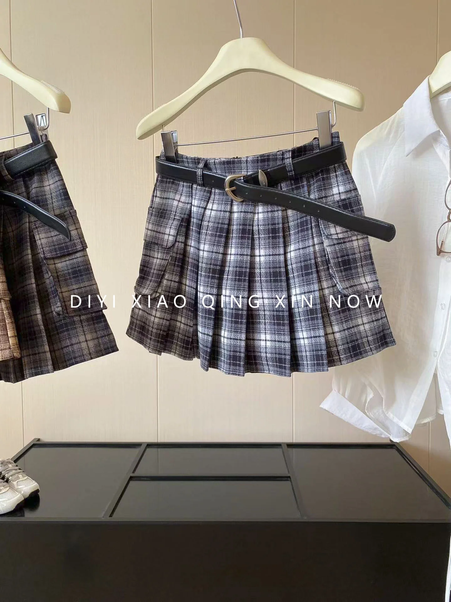 DIYI Classic Plaid  Skirt High Waist A-Line Woolen Skirt with Belt Autumn Collection Women's Fashion Polyester Fiber