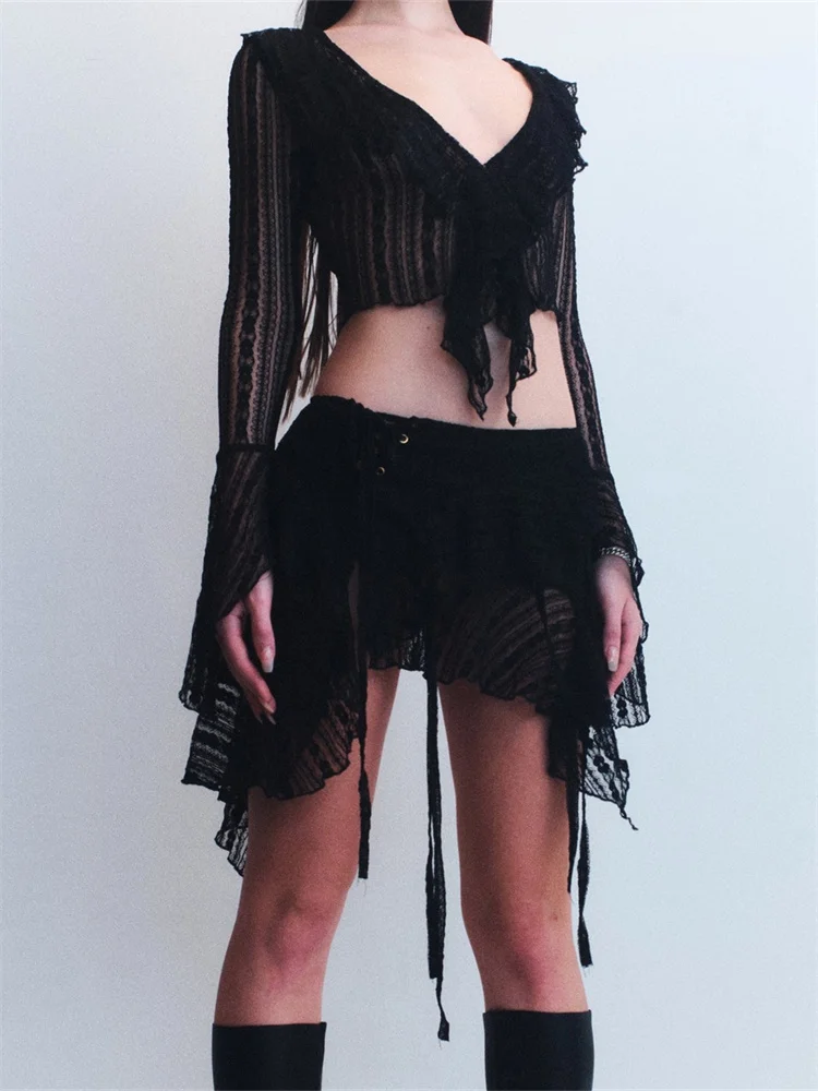 CHRONSTYLE 2pcs Women Skirts Suits Lace Long Flare Sleeve V-neck Ruffles Shirts Tops Lace-up Irregular Hem Split Skirts Outfits