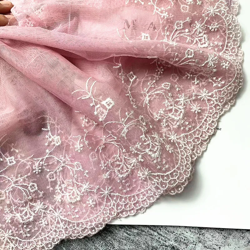 21CM Wide Luxury Tulle Pink Mesh Exquisite Embroidered Floral Lace Ribbon Dress Head Veil Skirts Curtain DIY Crafts Sewing Decor