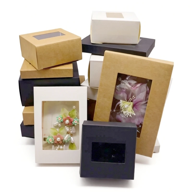 10 cajas de embalaje de papel de varios tamaños con ventana de PVC, caja de regalo negra de papel kraft blanco