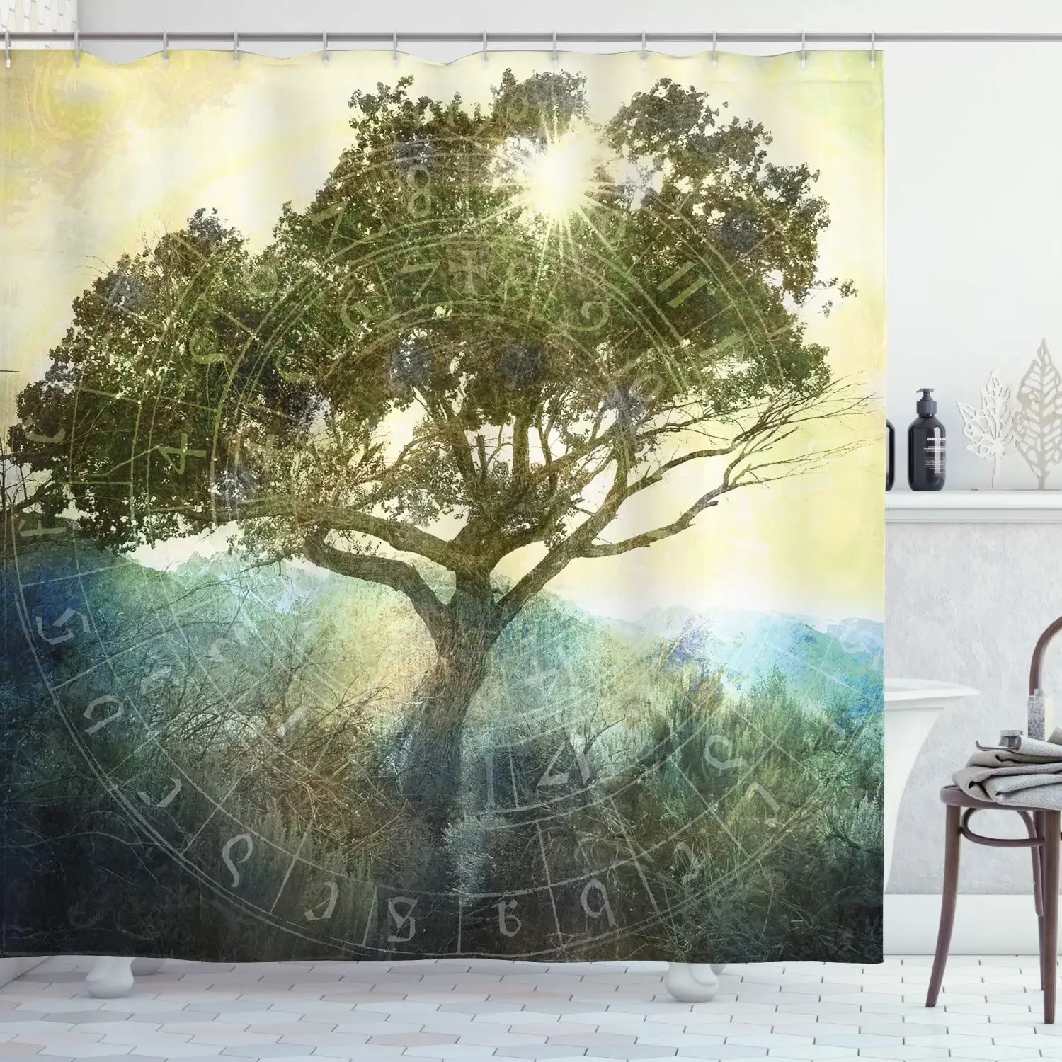 Tree of Life Shower Curtain Set Gothic Black White Sun Moon Shower Curtain for Bathroom Zen Magic Nature Tree Mystic Bath Decor