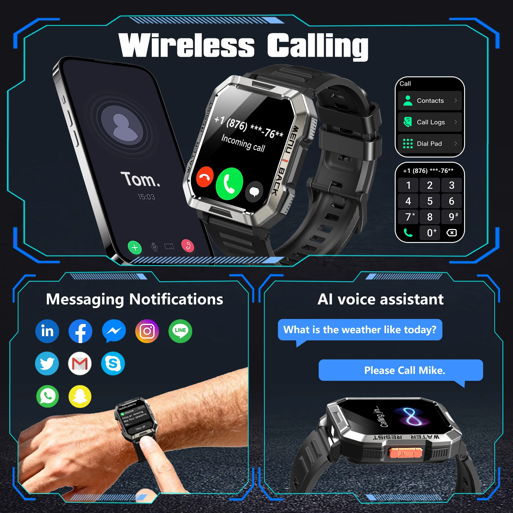 Blackview W60 Waterproof Smart Watch with Emergency Lighting 900mAh Battery 2.01'' HD Screen Bluetooth Outdoor Watches for Men