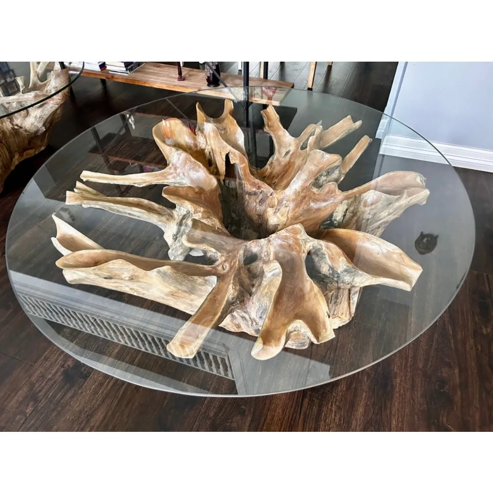 XMSJ Teak Root Coffee Table with Glass Top