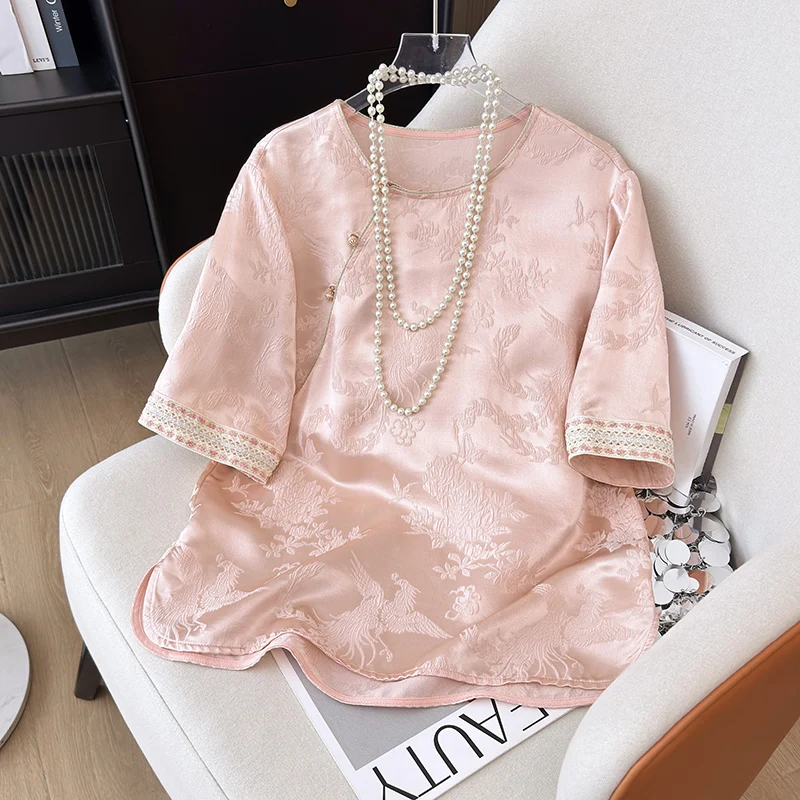 

Chinese Style Women's Blouses Printed Vintage Shirts Fashion Loose Summer Clothes O-neck Short Sleeved Satin Women Tops