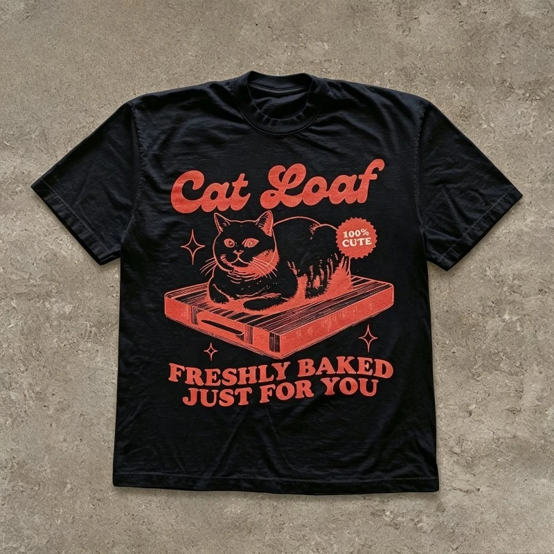 Retro Aesthetic Cat Lover T‑Shirt Men Women Funny Cat Loaf Freshly Baked Slogan Graphic Print Crewneck Short Sleeve Daily Tops