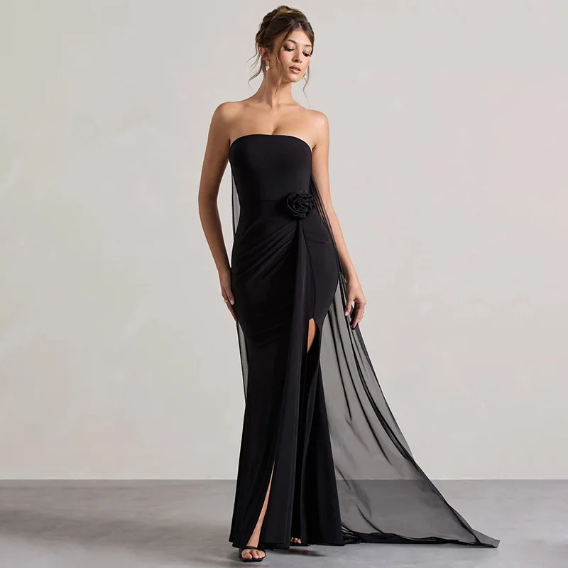 Abito lungo sexy senza maniche senza spalline rosa elegante per le donne Abito da sera Holidyas senza schienale floreale 3D chic