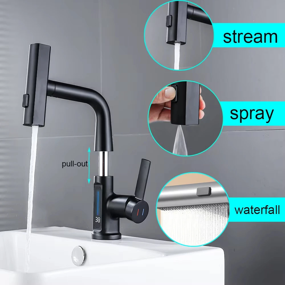 

2026 new temperature digital display basin tap pull out cold and hot water mixer tap lift downstream spray bathroom cleaning cra