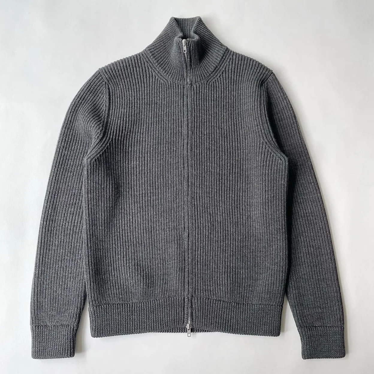 Hand Sewn Four Cornered Gray High Neck Stand Up Collar Wool Double Zipper Knitted Cardigan Sweater Jacket for Men