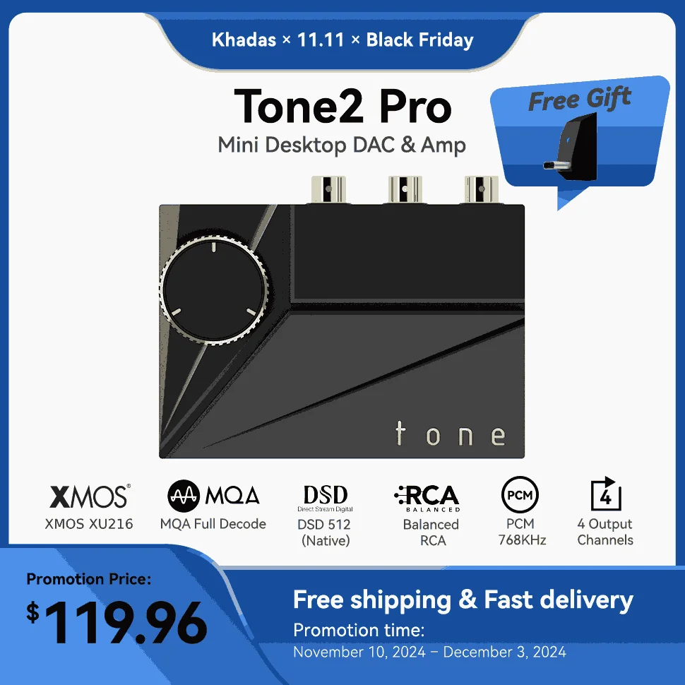 Khadas Tone2 Pro HiFi DAC Portable Desktop DAC AMP ES9038Q2M DAC Amplificador MQA 768K/32Bit and Native DSD512 for Home Audio 