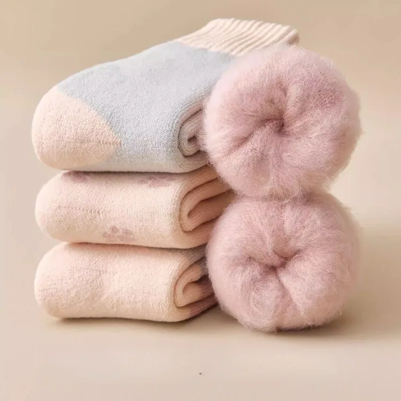 5足組 レディース ミッドカーフ ウール裏地 厚手ソックス 女の子 秋 冬 暖かい カラーブロック カシミヤソックス 女性用 サーマルソックスセット