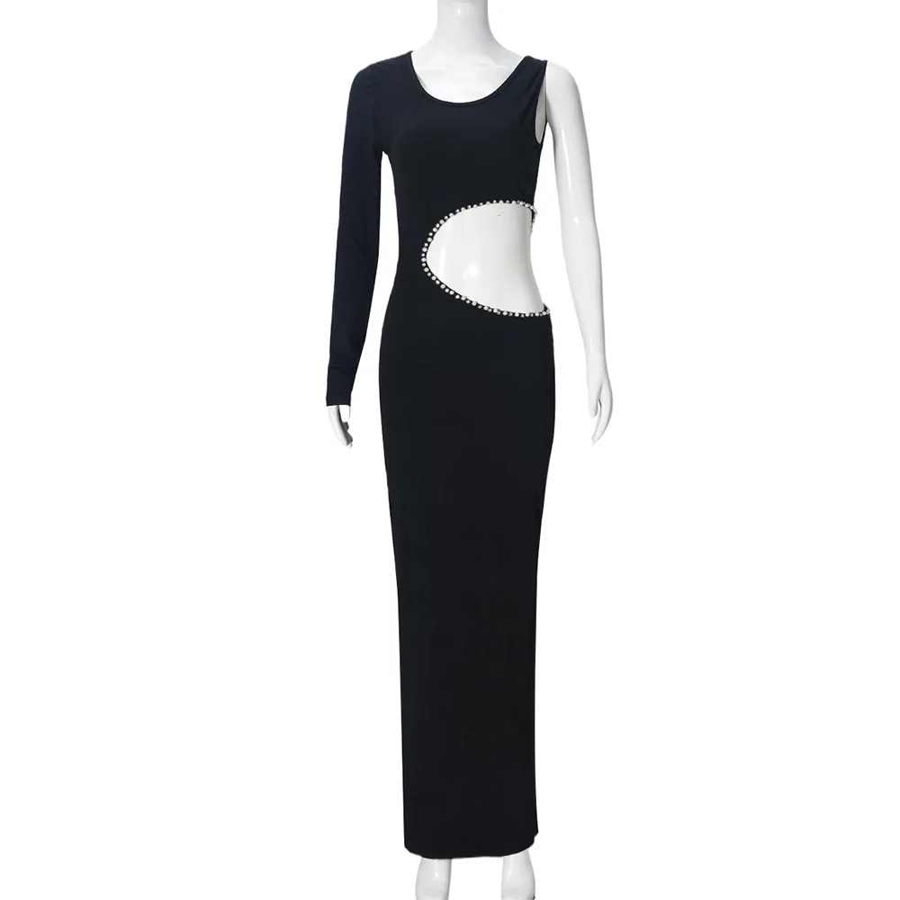 Robe Maxi moulante pour femmes, Sexy, épaules inclinées, découpées, garniture en perles de diamant, tenue de soirée de luxe, vêtements de bal d'été, 2025