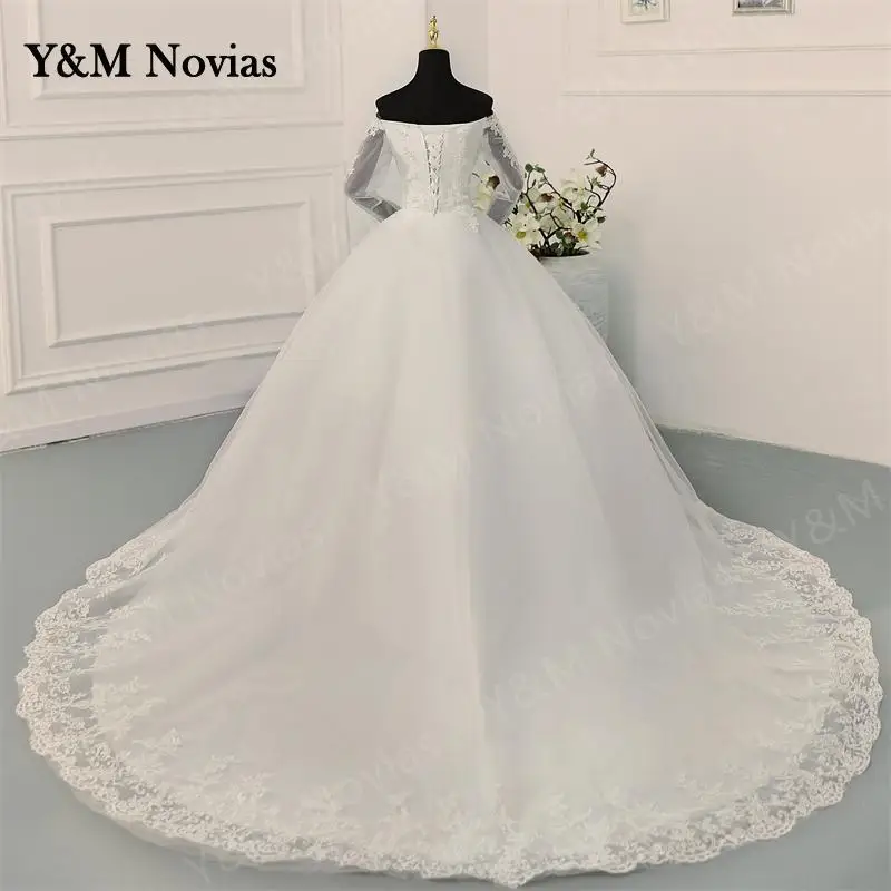 Y & M Novias Off spalla Plus Size Vestido De Noiva 2023 abito da sposa con manica bianco puro avorio pizzo Appliqes perle da sposa