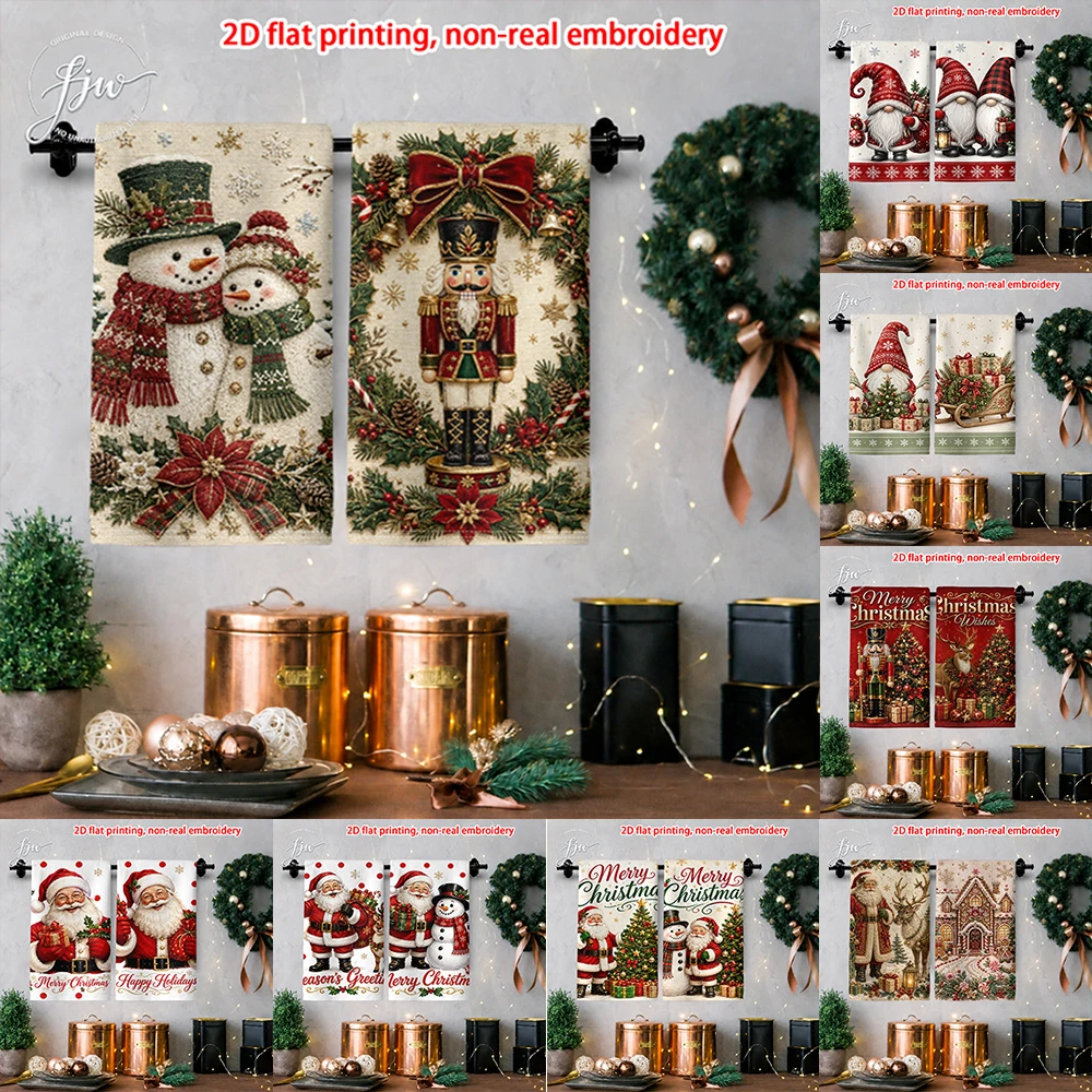 2pcs Christmas Kitchen Towels Set of 2 Vintage Xmas Snowman Nutcracker Holiday Decorative Dish Towels for Winter Home Decor