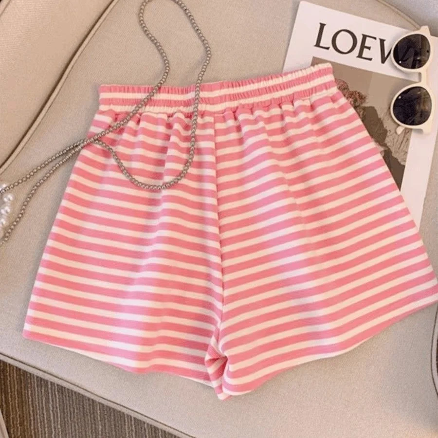 شورت نسائي مخطط عصري لعام 2025 - جيوب جانبية بخصر مطاطي، وردي/أسود حلو منفعل كاجوال لربيع وصيف Y2K EMO