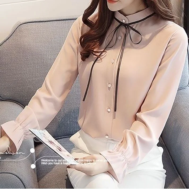 

Elegant Stand Collar Button Lace Up Bow Shirt Female Clothing 2022 Autumn New Loose Casual Tops Long Sleeve Sweet Blouse