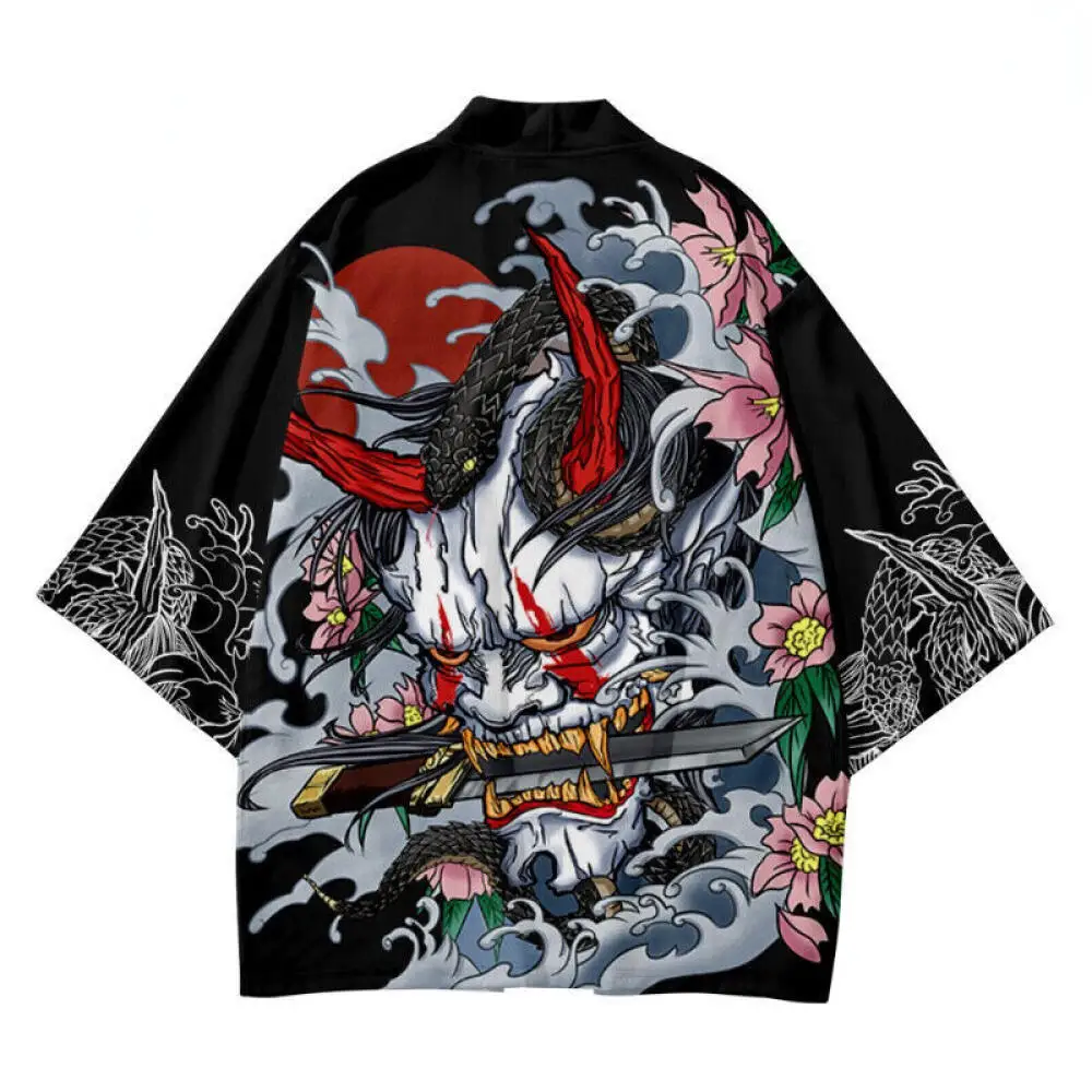 Summer Demon Snake Print Cardigan Men\'s Chinese Dragon Pattern Japanese Kimono Plus Size Asian Traditional Costume Cosplay Coat