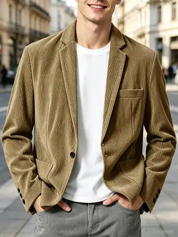 Men's Corduroy Blazer Business Casual Jacket Lapel Collar Sport Coat Vintage Loose Fit Fashion Wedding Office Outerwear Autumn