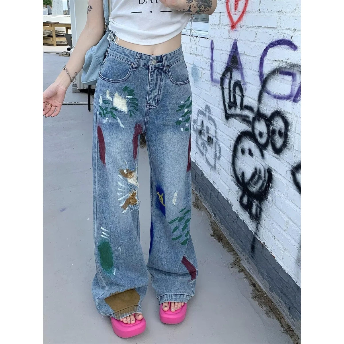 

Мужские джинсы Waed Distred, свободный крой, прямые штанины, весна-осень, американский уличный стиль