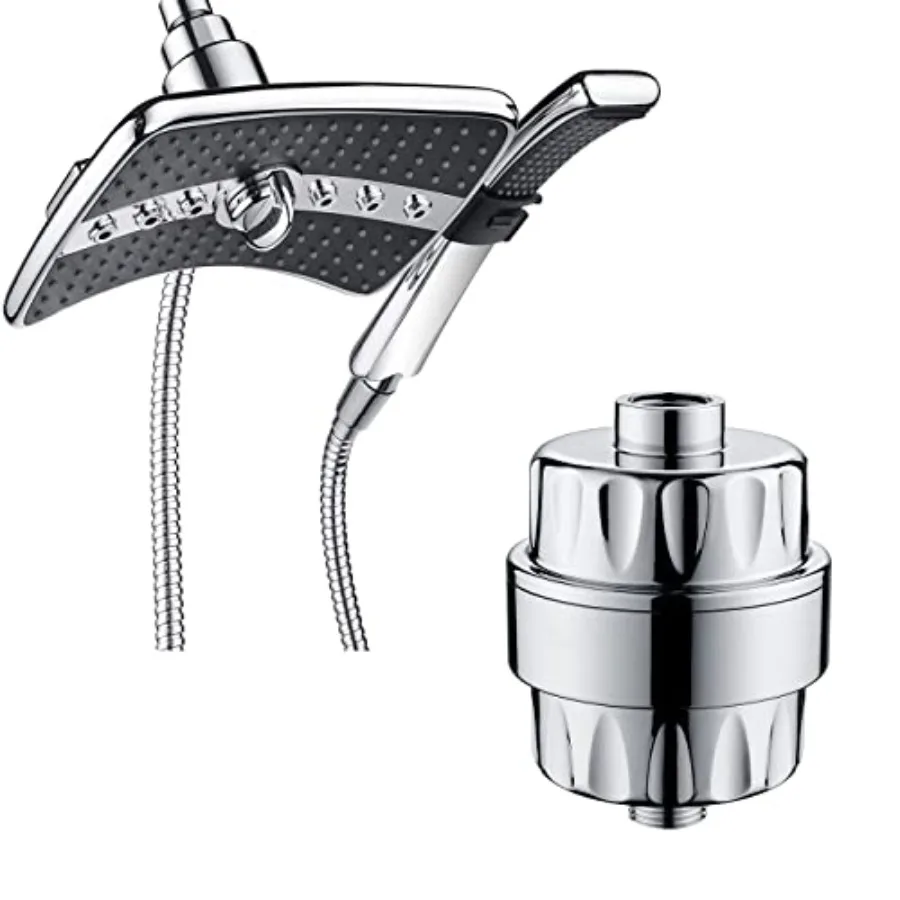 

Dual Shower Head Combo Set with High Output Shower Filter for Hard Water Chrome Body + Black Face 2 Settings 5 Ft Stainless Ste