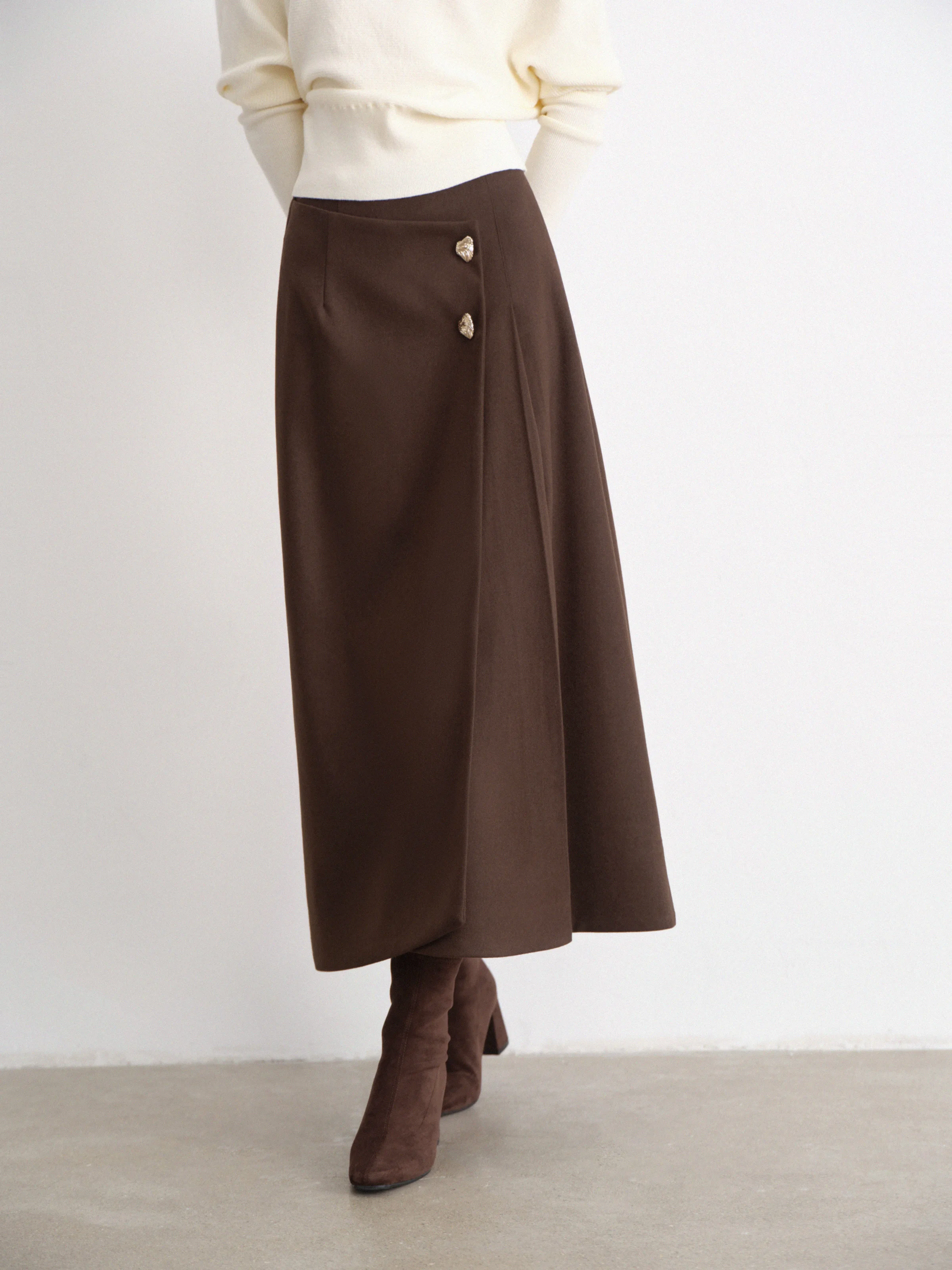 Chic Wool-Like A-Line Midi Skirt for Women Lady High-Waist Slim Fit Vintage Metal Button Skirt Elegant Autumn Winter Styling